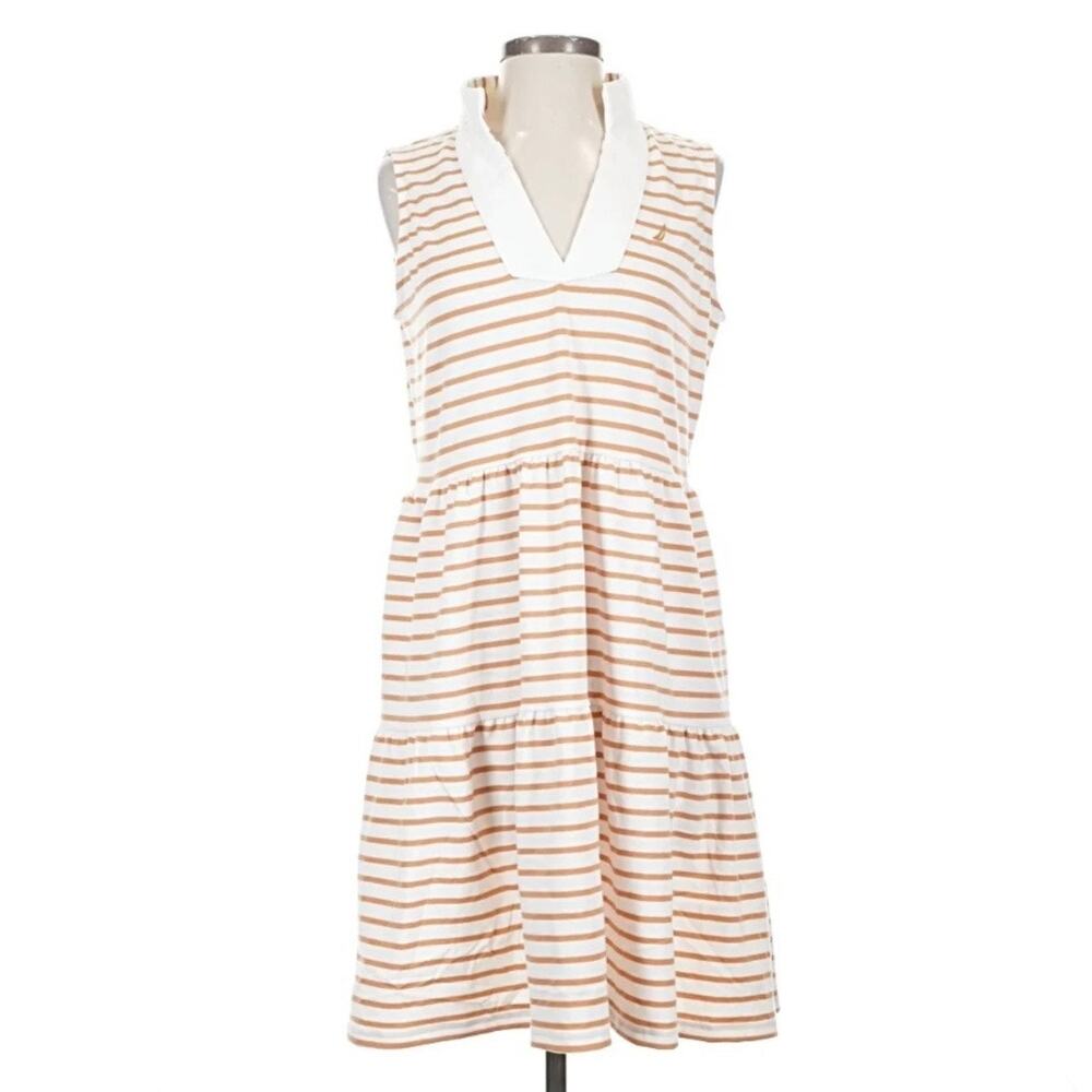 NAUTICA JEANS | Tiered Collar Sleeveless Dress Caramel Tan White Stripe | XL
